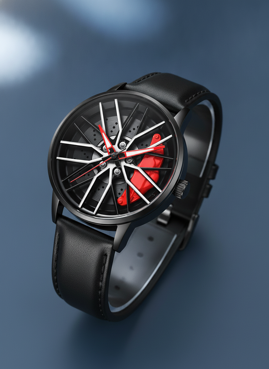 Close-up of a Car Wheel Inspired Wristwatch with a black leather strap, showing the intricate car wheel design on the watch f