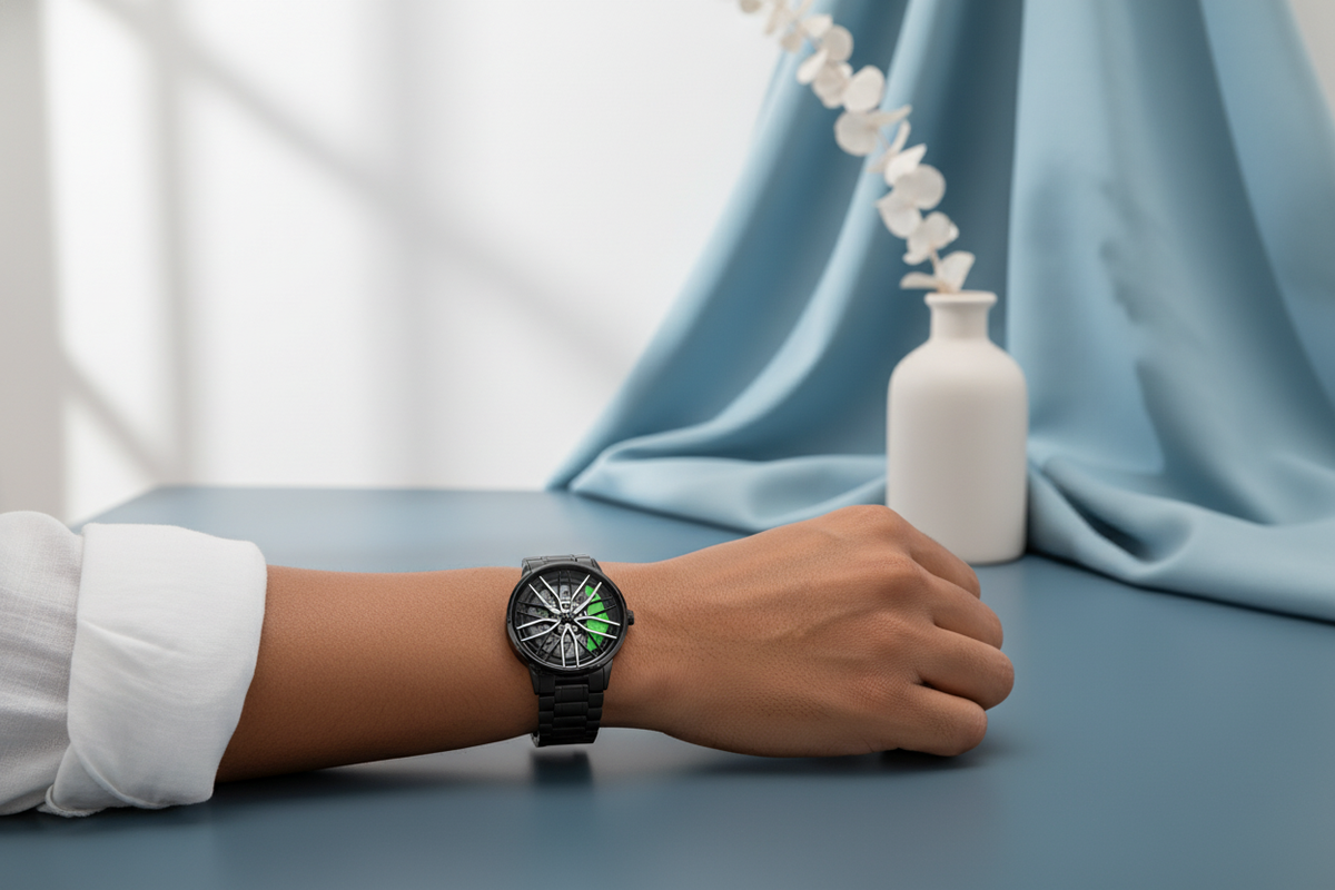 Close-up of a "Car Wheel Inspired Wristwatch" on a person's wrist, showing the intricate car wheel design. The background is 