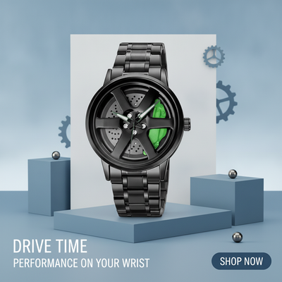 Close-up of a 'Car Wheel Inspired Wristwatch' with a distinctive watch face resembling a car wheel, showing intricate cut-out